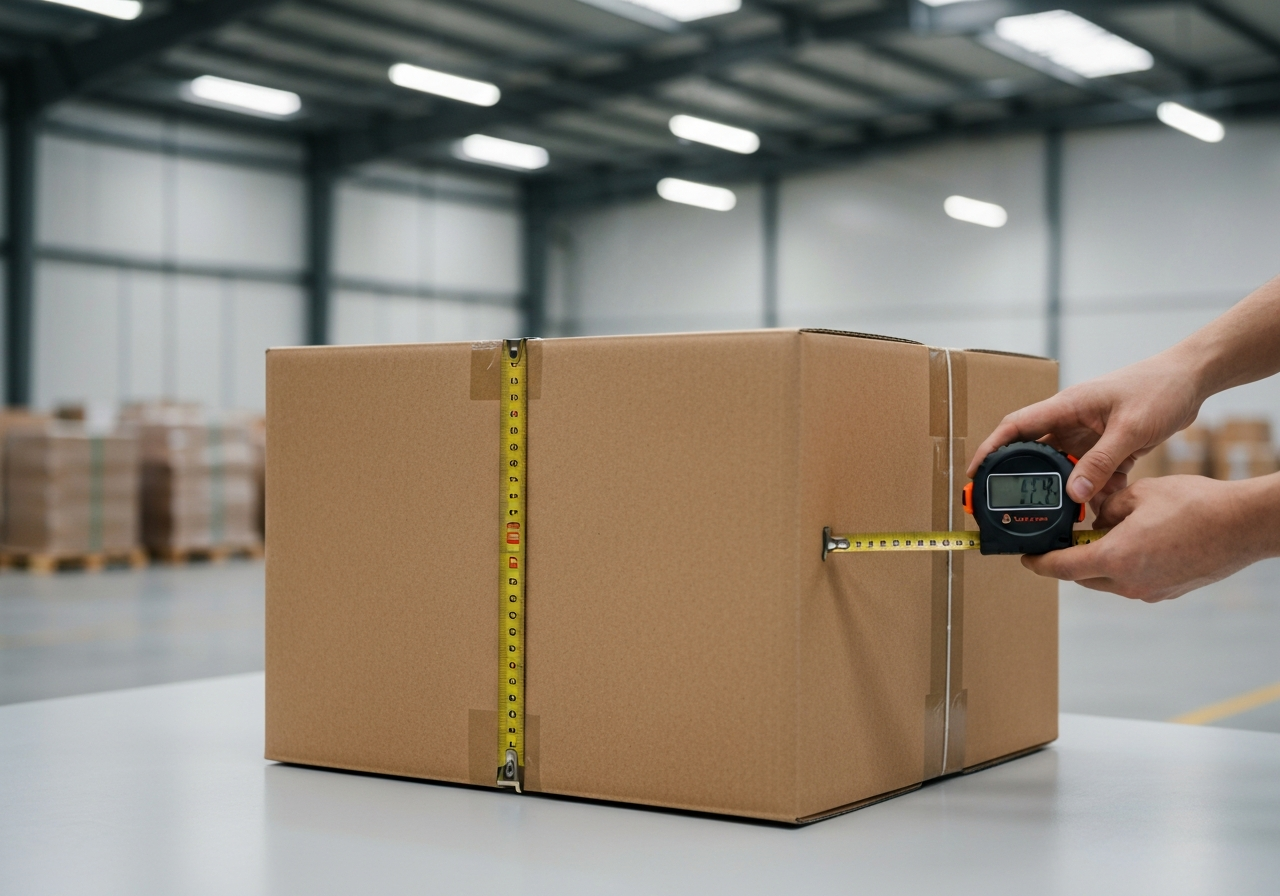A professional logistics warehouse setting with a large, neatly packaged brown cardboard box being measured with a digital tape measure, soft natural light, shallow depth of field, 85mm lens, professional editorial aesthetic, no text, no letters.