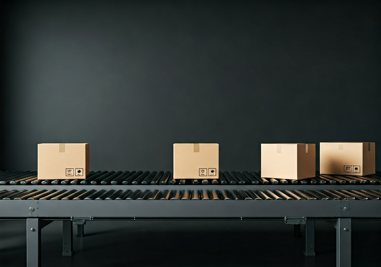 A professional logistics warehouse setting with a focus on organized parcels on a modern conveyor belt, editorial photography, minimalist and premium aesthetic, soft natural light, shallow depth of field, 85mm lens, high resolution, no text, no words, no letters