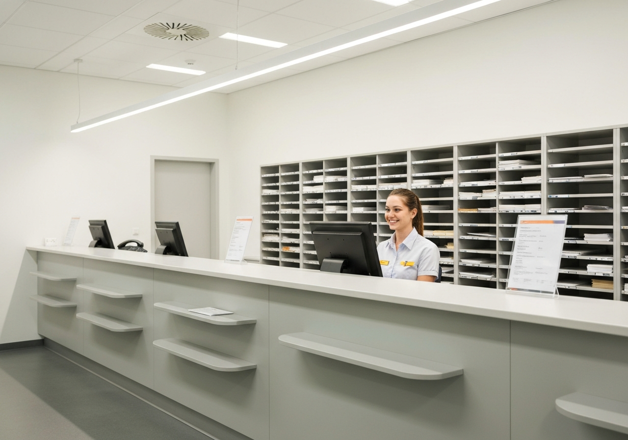 A professional, clean postal service counter in a bright, modern facility in Czechia, focus on organized mail slots and a friendly service atmosphere, editorial photography, soft natural light, 85mm lens, high resolution, no text, no words, no letters.