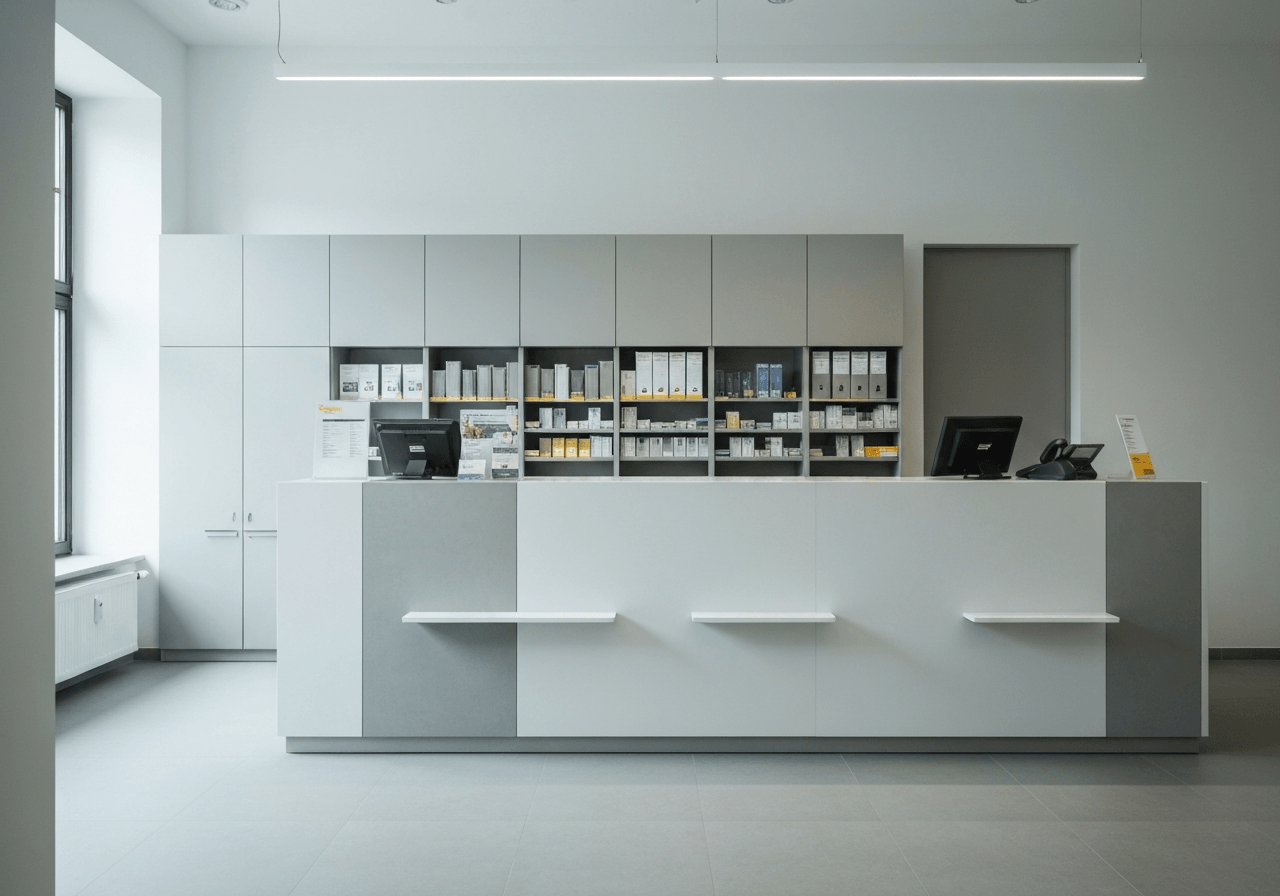 A professional, minimalist view of a modern post office counter in Uhersky Brod, clean interior design with soft natural light, editorial photography, 85mm lens, high resolution, no text, no words, no letters