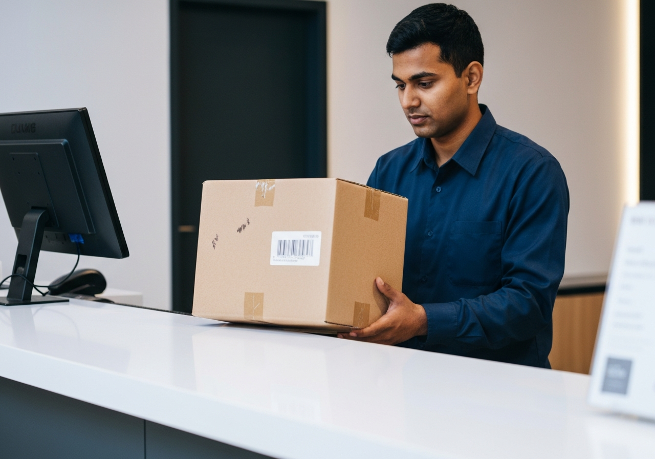 A professional parcel being handled at a clean, modern retail counter in Jablonec nad Nisou, editorial photography, soft natural light, shallow depth of field, 85mm lens, highly detailed, no text, no words, no letters