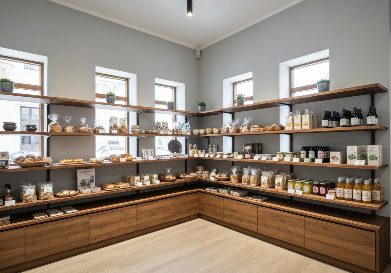 A modern, minimalist parcel pick-up point interior located inside a cozy neighborhood shop in Jablonec nad Nisou, warm inviting shelves with local goods, clean atmosphere, editorial photography, soft natural light, 85mm lens, highly detailed, no text, no words, no letters.
