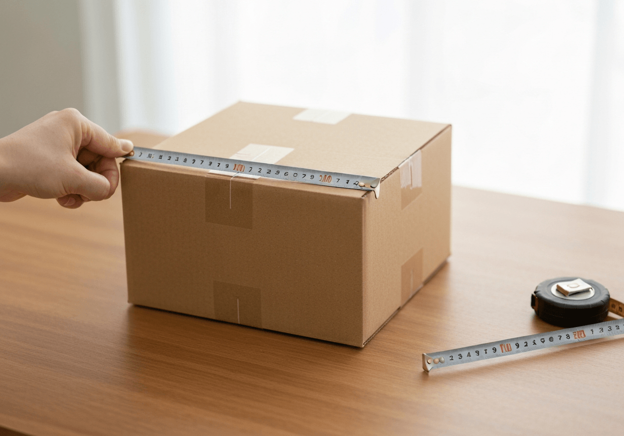 A professional cardboard box being measured with a measuring tape, clean wooden surface, minimalist shipping supplies, soft natural light, editorial photography, 85mm lens, no text, no words, no letters