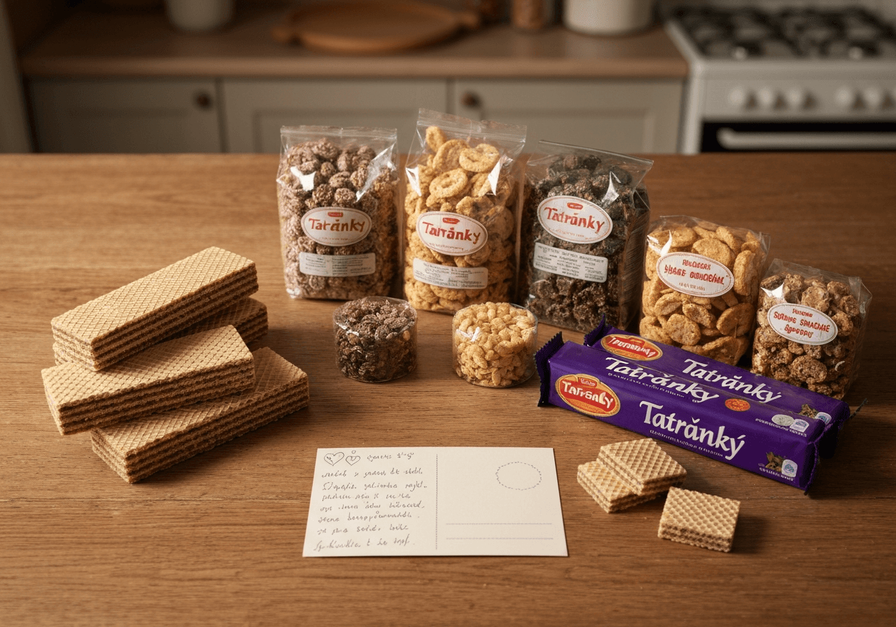 A flat-lay arrangement of traditional Czech snacks including Tatranky wafers, packaged dried goods, and a handwritten postcard on a rustic wooden table, soft natural light, editorial photography, 85mm lens, high resolution, no text, no letters