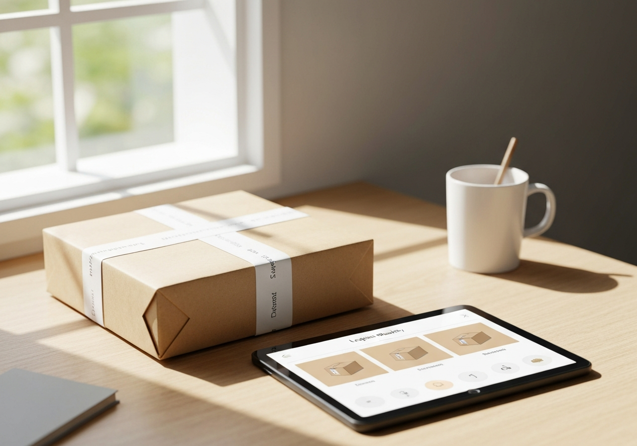 Pošta Kohoutovice: Rychlý průvodce (Vyhněte se frontám!) 3 A professional, minimalist desk setup showing a neatly addressed parcel, high-quality craft paper, digital tablet showing logistics tracking interface, soft natural morning light, editorial photography style, 85mm lens, high resolution, no text, no letters.