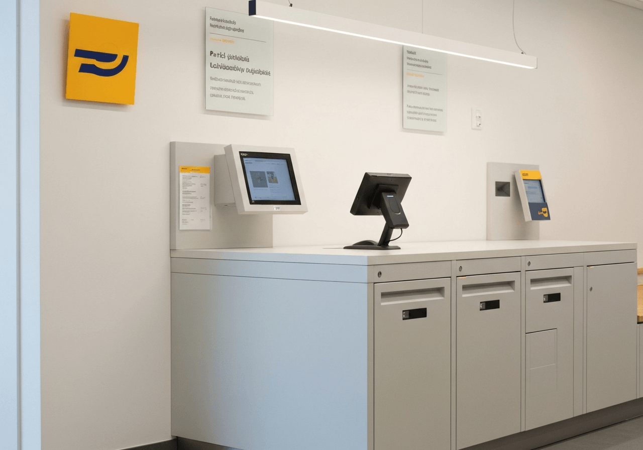 A professional, minimalist view of a parcel collection point at a modern Czech post office branch, clean aesthetic, soft natural light, depth of field, 85mm lens, high resolution, no text, no words, no letters.