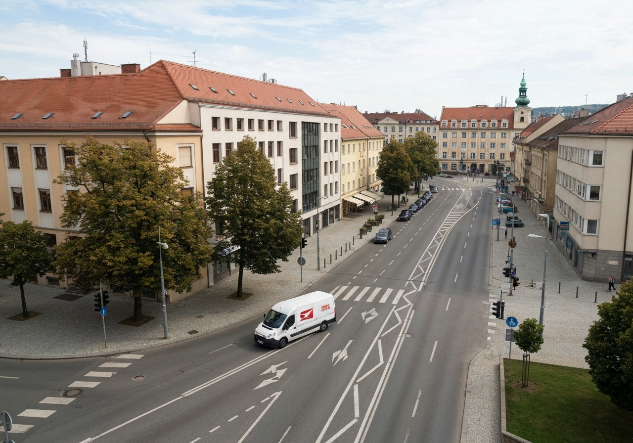 Aerial view of Mladá Boleslav city center with a professional mail delivery vehicle driving through a modern street, soft natural light, editorial photography, 85mm lens, clean, high resolution, no text, no words