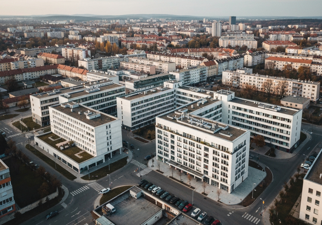 Aerial view of Mlada Boleslav urban layout, modern and clean architectural style, editorial photography, high quality, soft natural light, 85mm lens, no text, no words, no letters