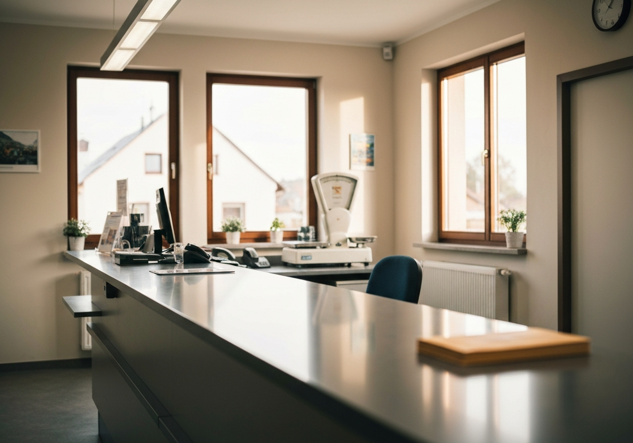 A professional, modern post office branch interior in a small Czech village, clean aesthetic, focus on a polished counter desk, soft natural light streaming through windows, editorial photography, 85mm lens, high quality, no text, no words, no letters