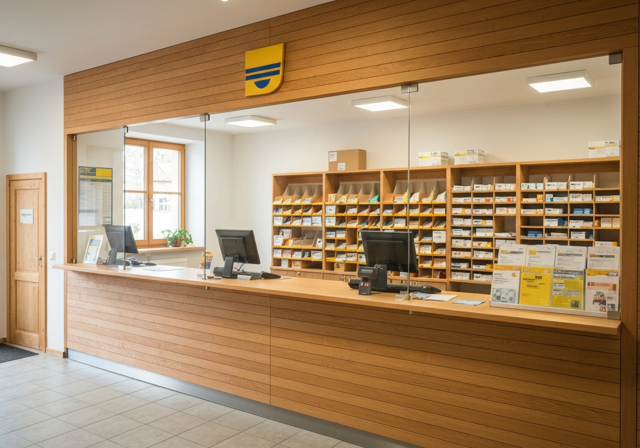 A clean, modern postal service counter in a rural Czech town, professional environment, wooden and glass elements, organized parcels, editorial photography, soft natural light, 85mm lens, highly detailed, no text, no letters
