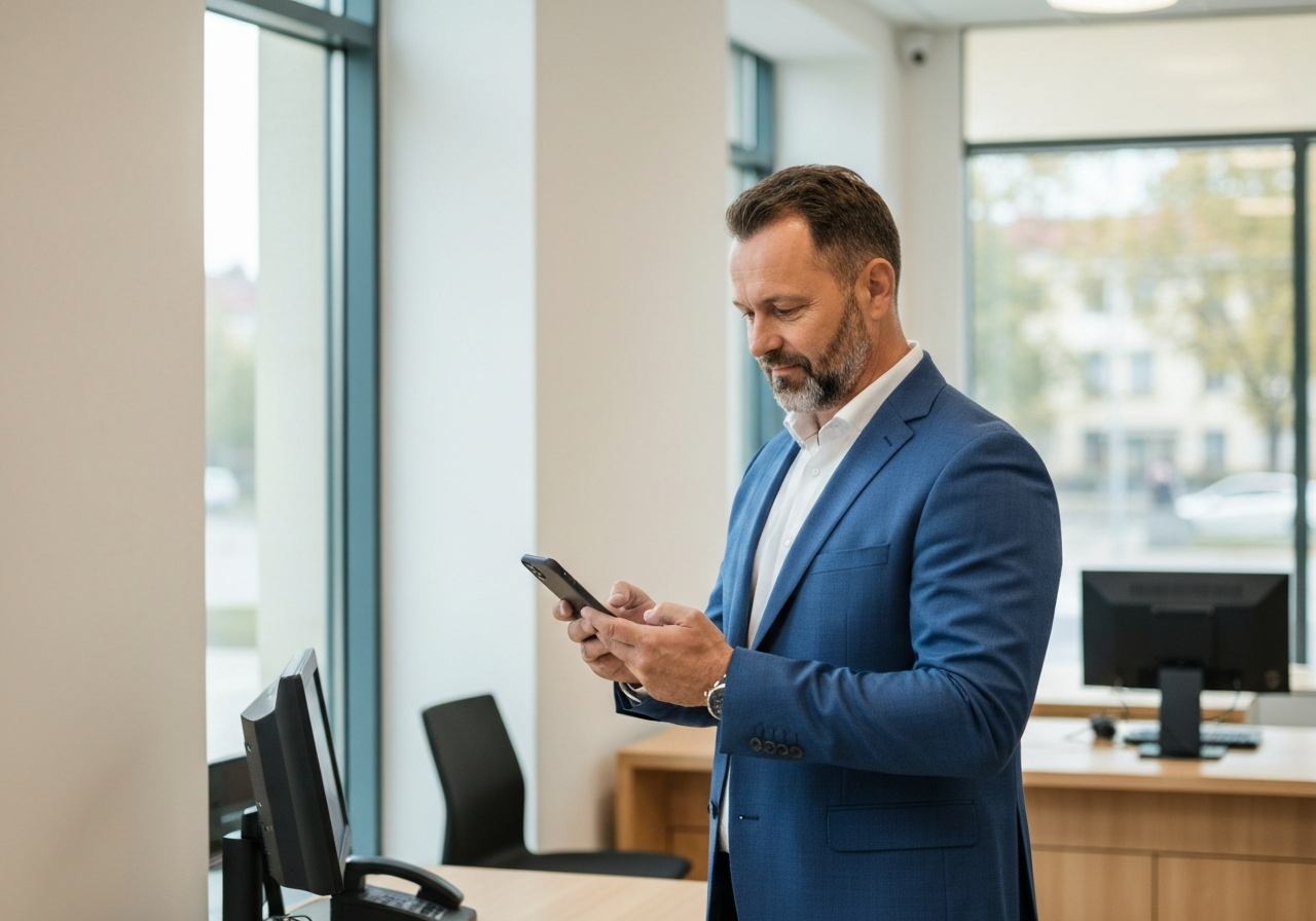 A professional person using a smartphone to scan a parcel tracking code inside a modern, clean post office branch in Ostrava, soft natural light, editorial photography, 85mm lens, high quality, no text, no letters.