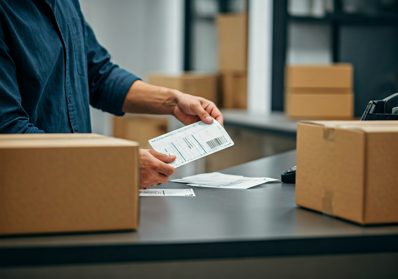 A professional logistics expert organizing shipping labels and packages at a clean, modern post office counter, editorial photography, soft natural light, 85mm lens, highly detailed, no text, no words, no letters.