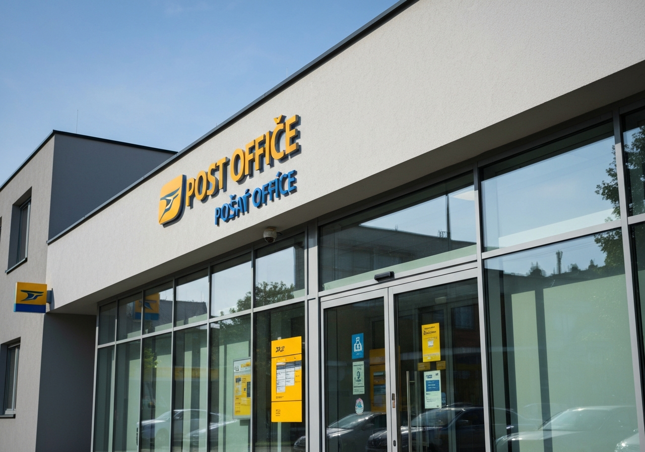 A professional exterior shot of a modern Czech post office branch, clean architectural lines, clear signage, bright daylight, editorial style, 85mm lens, high resolution, no text, no letters.