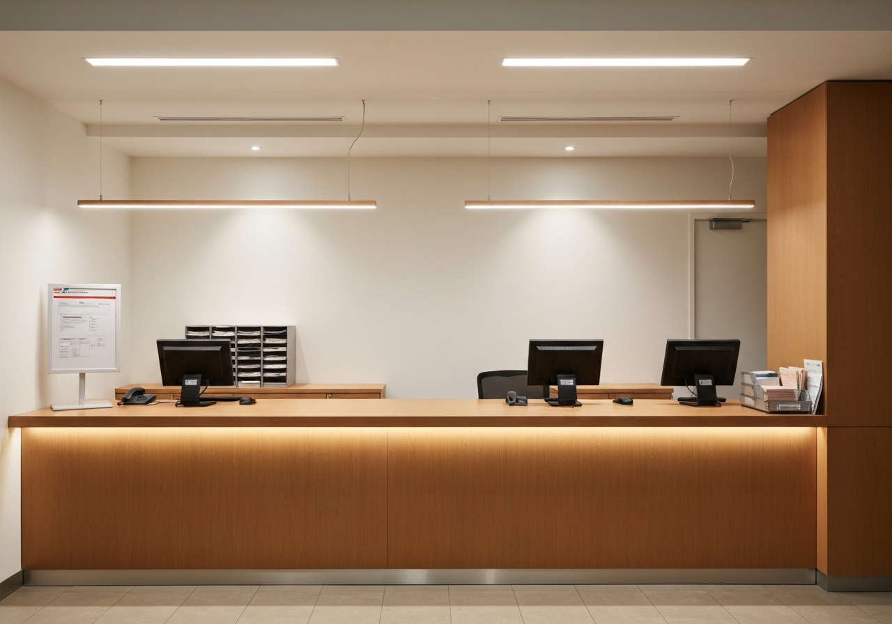 A professional, organized postal service counter with clean minimalist aesthetic, modern interior design, bright natural lighting, soft focus background, editorial photography, 85mm lens, high quality, no text, no words, no letters.