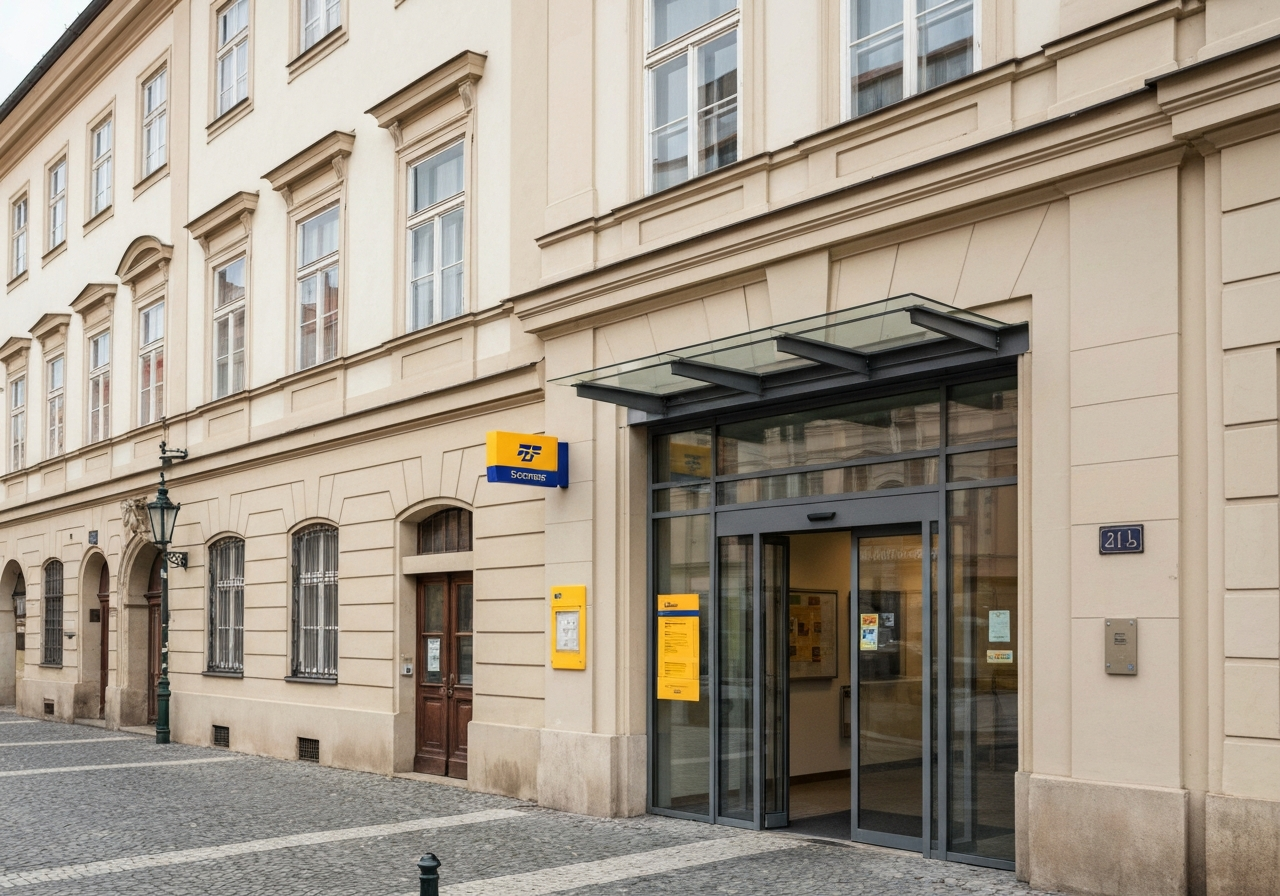 A clean, modern street view of a Czech Post office entrance in a historic Prague district, architectural photography, soft natural daylight, cinematic composition, 85mm lens, high resolution, no text, no words, no letters