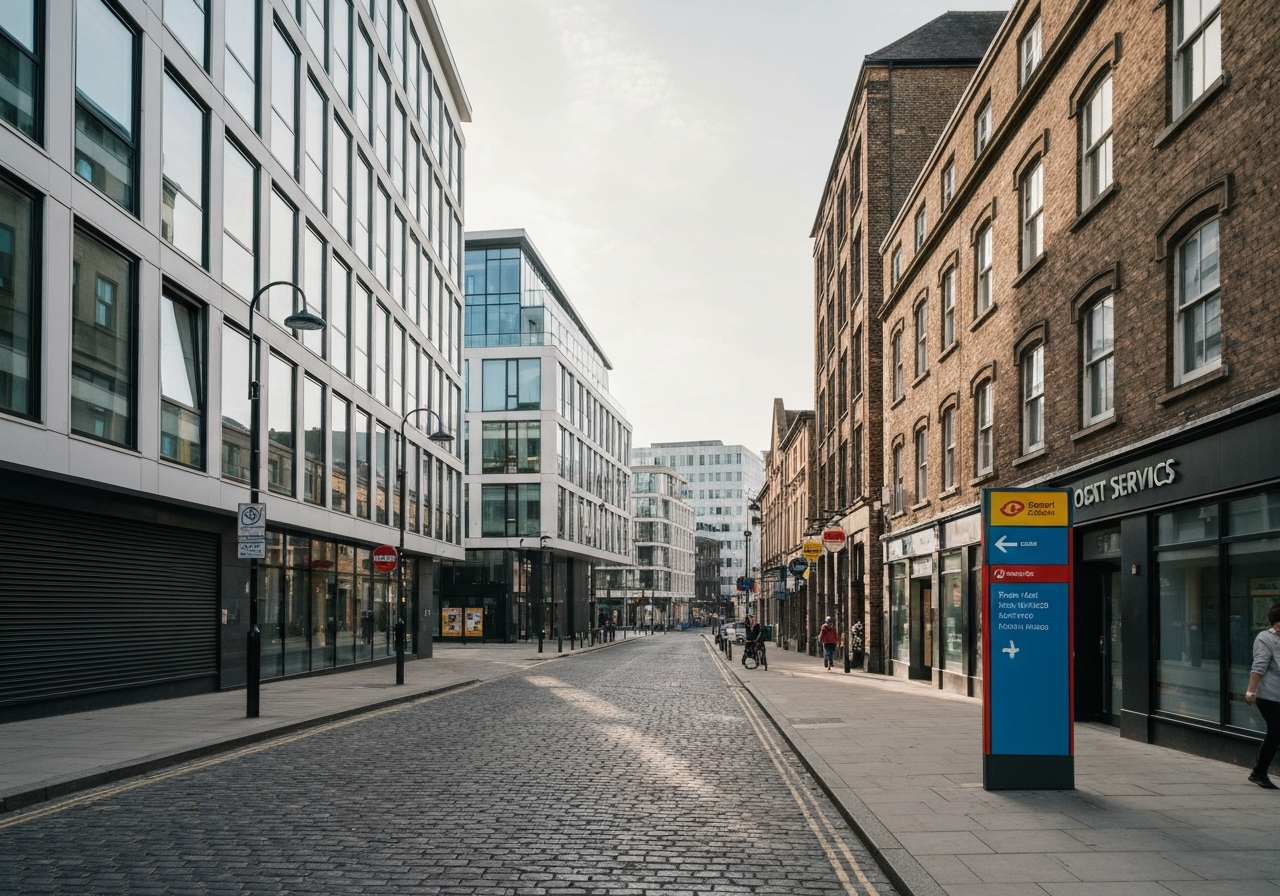 A wide-angle street view of a modern urban neighborhood with historical architecture, clear signage directing towards postal services, soft natural light, editorial photography, 85mm lens, no text, no words, no letters.