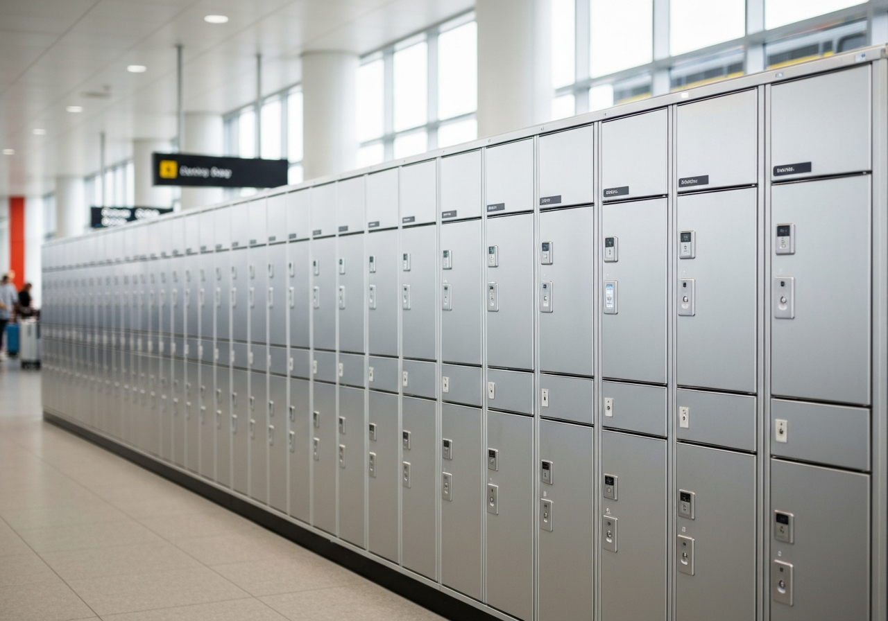 A clean, modern luggage storage facility at a busy transport hub, rows of secure lockers, editorial photography, soft natural light, 85mm lens, high resolution, no text, no words, no letters