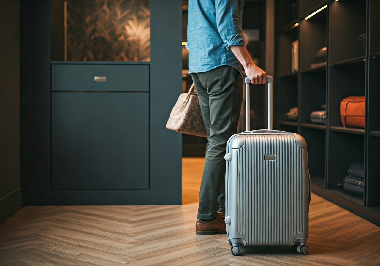 A professional traveler leaving a suitcase at a secure luggage storage partner shop in Brno, modern interior design with minimalist aesthetics, soft natural light, high-end editorial photography, 85mm lens, neutral background, no text, no words, no letters.