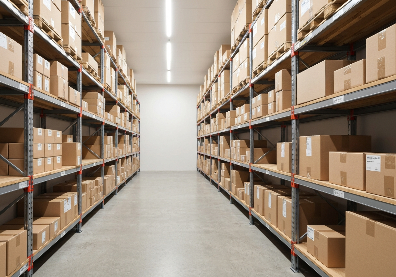 A professional logistics warehouse interior, organized shelves with shipping parcels, modern clean aesthetic, editorial photography, soft natural lighting, 85mm lens, high resolution, no text, no letters