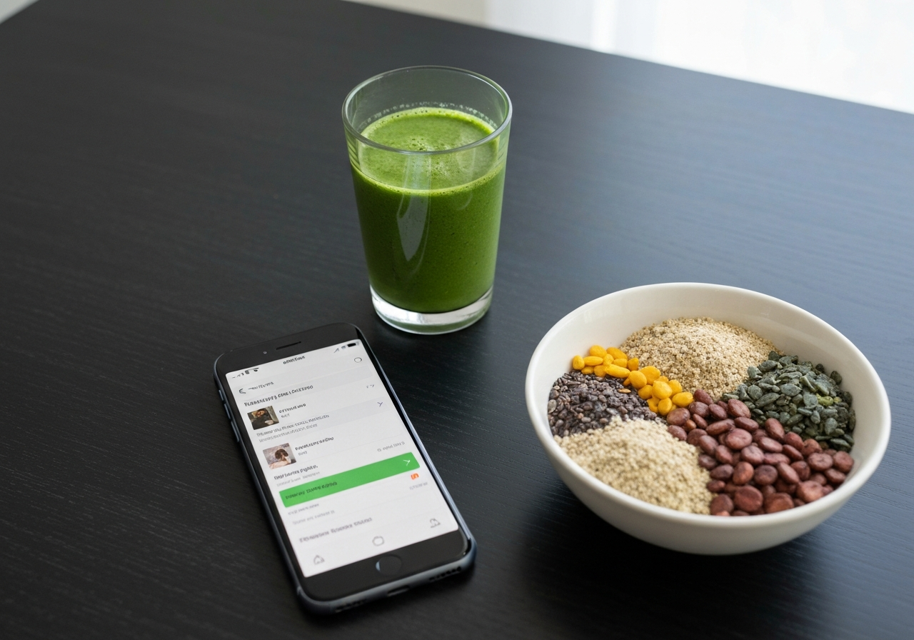 A professional nutritionist's desk with a smartphone displaying a shipping tracking app, beside a glass of fresh green smoothie and a bowl of organic superfoods, clean minimalist workspace, soft natural light, editorial photography, 85mm lens, high resolution, no text, no letters.