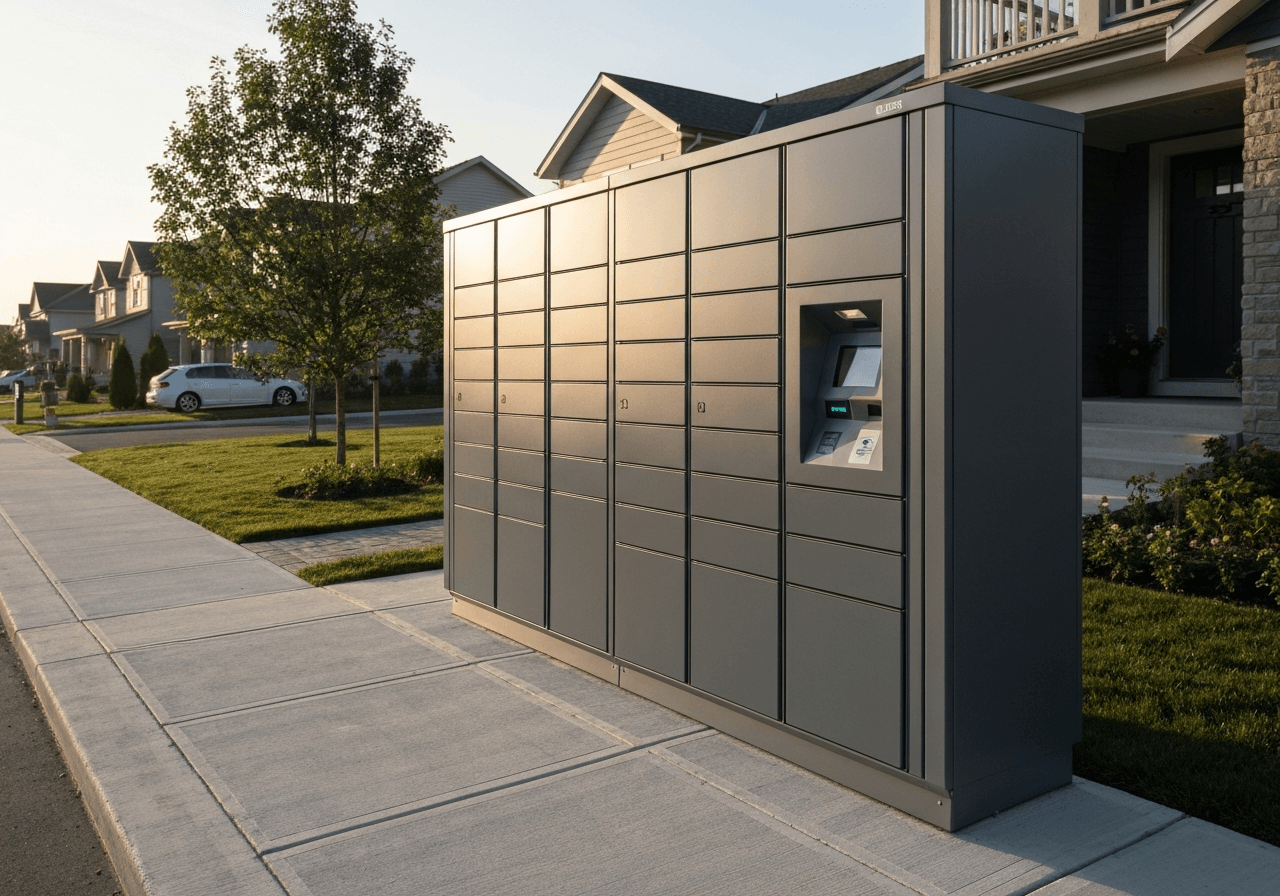 A sleek, modern automated parcel locker station standing on a clean sidewalk in a quiet residential neighborhood, soft natural afternoon sunlight, editorial photography style, 85mm lens, high quality, no text, no letters, no labels.