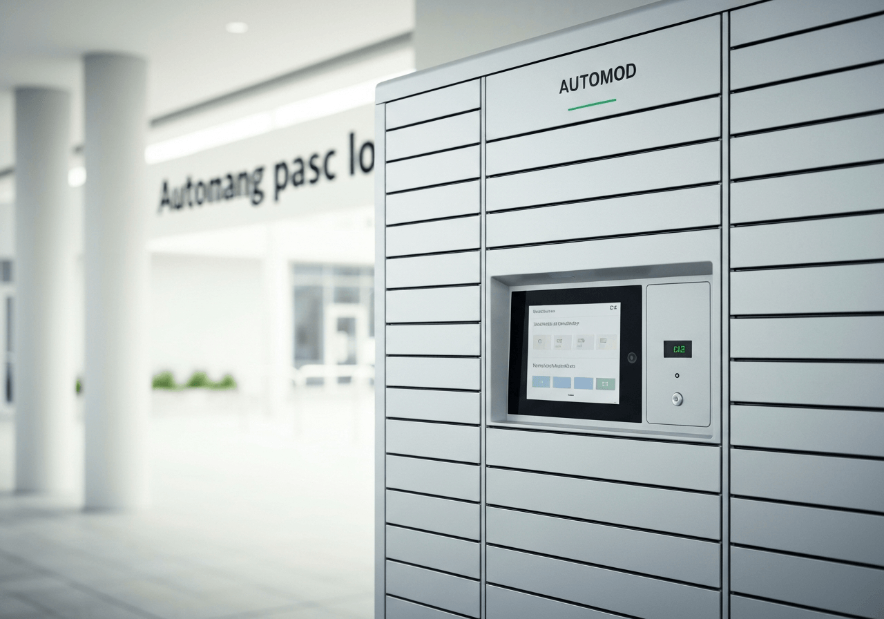 Close-up of a modern automated parcel locker interface in a clean urban environment, soft natural light, professional editorial photography, 85mm lens, high detail, no text, no words, no letters