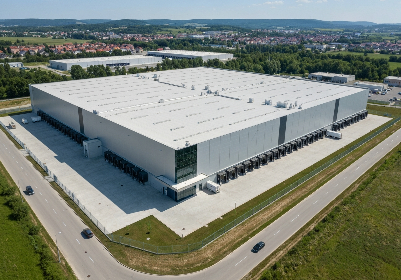 Aerial view of a massive, modern, high-tech industrial warehouse facility in Nepřevázka, clean geometric architecture, surrounding green landscape, bright daylight, professional architectural photography, 85mm lens, high resolution, no text, no letters
