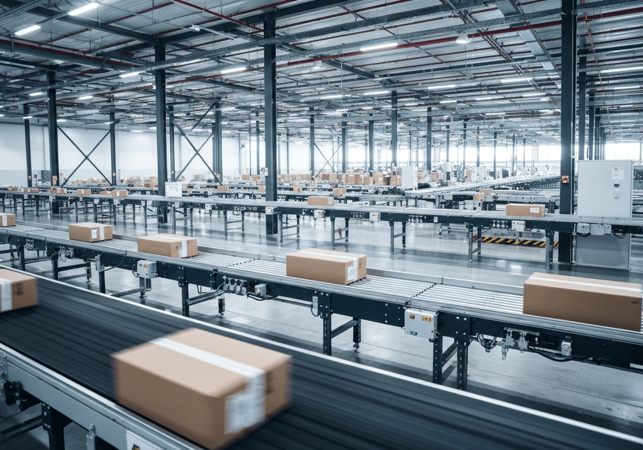 A professional logistics hub in Poland, modern warehouse with conveyor belts and organized packages, high-tech industrial aesthetic, soft natural light, depth of field, 85mm lens, highly detailed, no text, no letters