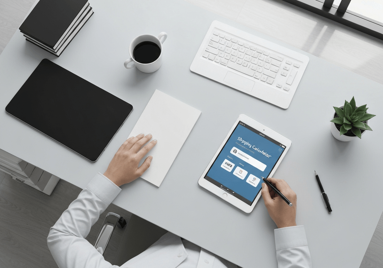 A professional logistics workspace with a tablet showing a shipping calculator app, modern office desk, clean aesthetic, top-down view, soft natural light, 85mm lens, highly detailed, no text, no words, no letters.