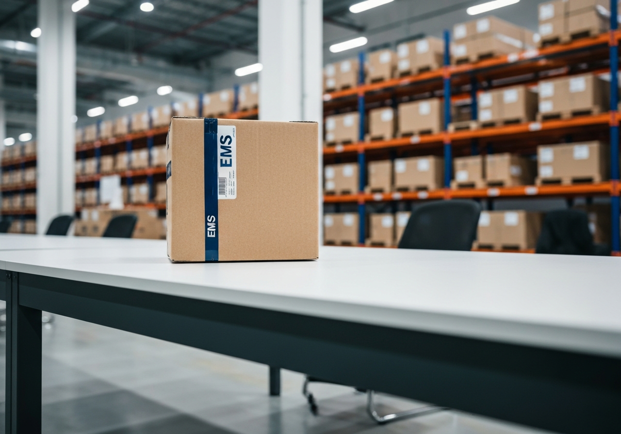 A professional logistics warehouse setting with a premium EMS branded parcel on a clean, modern steel desk, soft natural light, shallow depth of field, 85mm lens, editorial photography, highly detailed, no text, no words, no letters