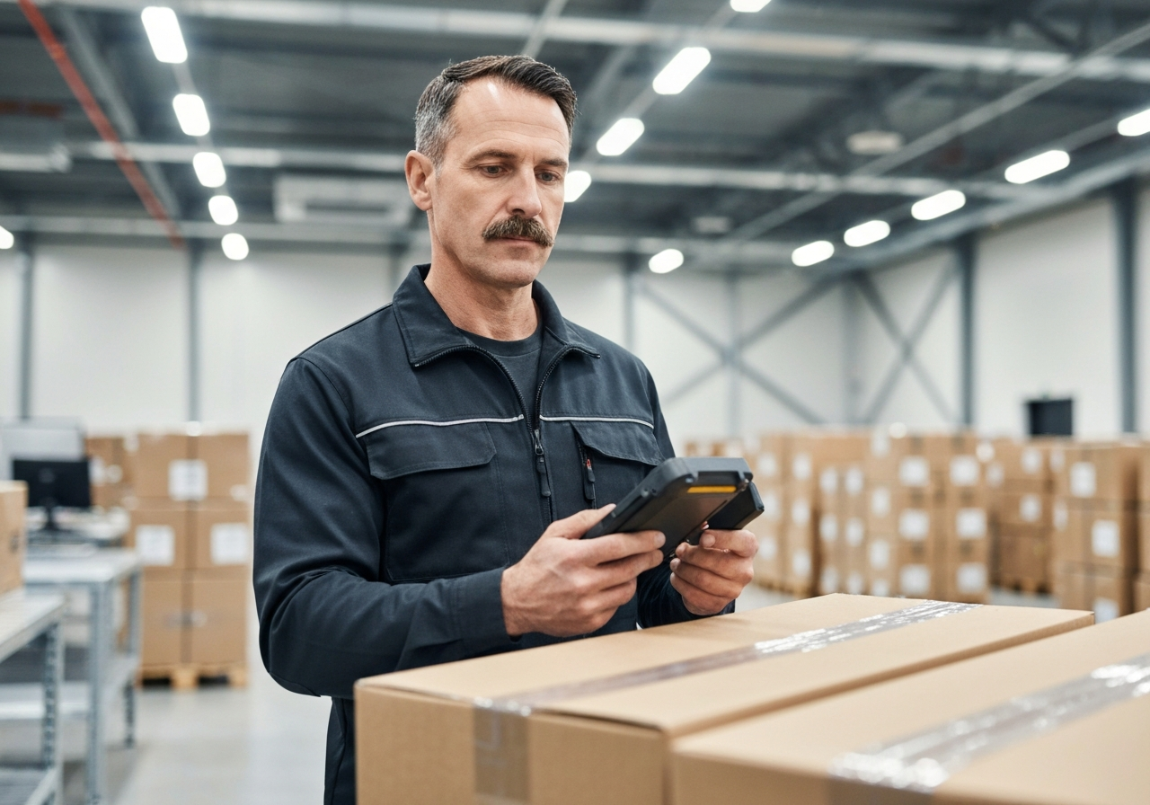 A professional logistics worker scanning a high-priority parcel with a handheld device in a modern, clean distribution center, soft natural light, premium editorial photography, 85mm lens, depth of field, no text, no words, no letters