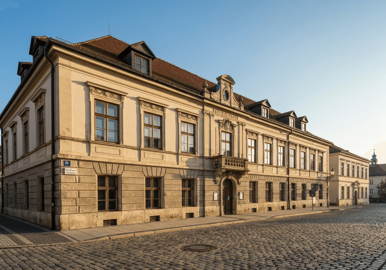 Exterior of a historic but well-maintained post office building in Broumov, Czech Republic, cobblestone street setting, clean morning light, architectural photography, 85mm lens, high resolution, no text, no words, no letters.