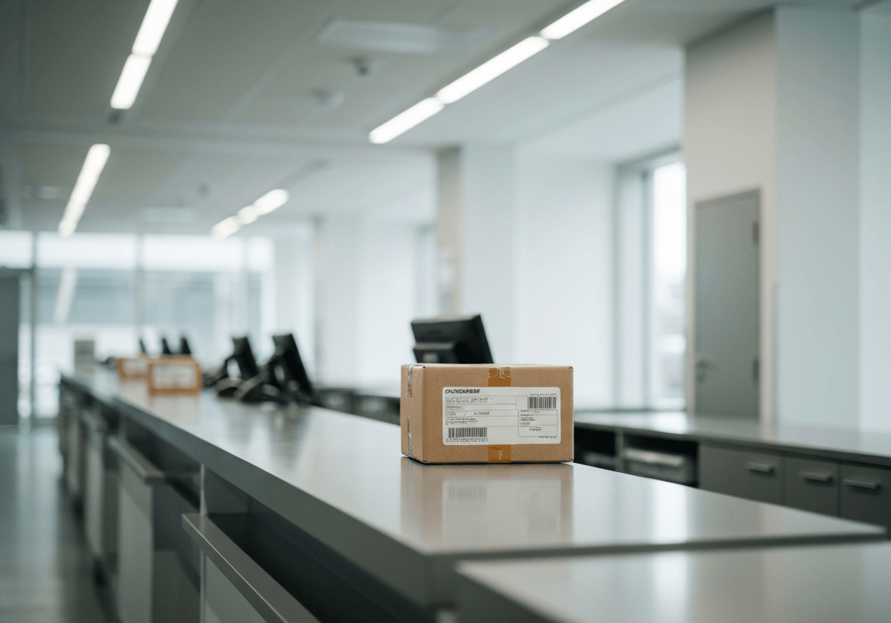 A professional, minimalist view of a modern package handling counter in a bright, clean postal facility, focus on a neatly labeled parcel, editorial photography, soft natural light, 85mm lens, depth of field, premium aesthetic, no text, no words, no letters