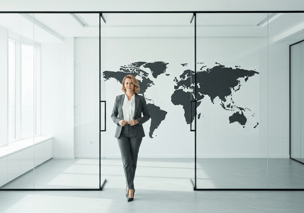 A professional female entrepreneur standing in a modern, minimalist glass-walled office with a global map background, symbolic of international logistics, editorial photography, soft natural light, 85mm lens, high quality, no text, no words, no letters.