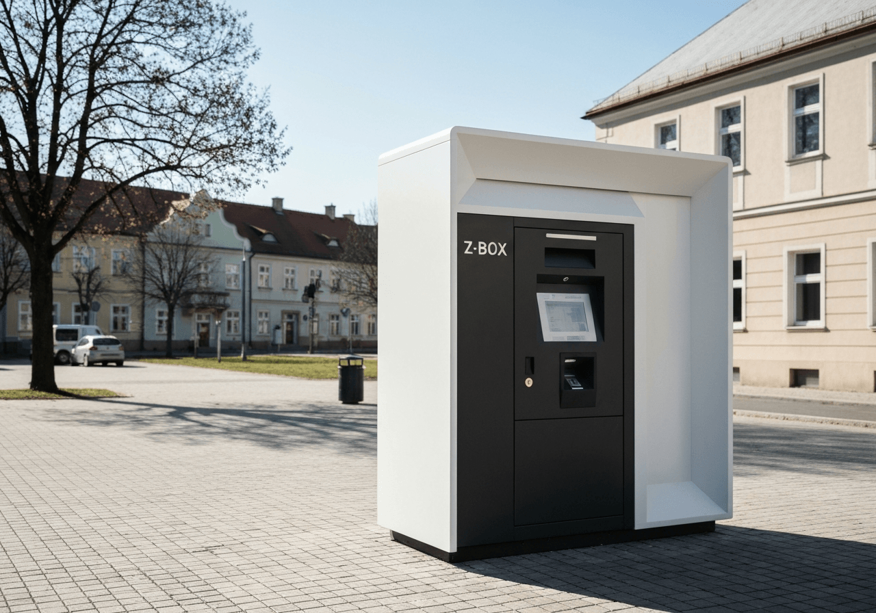 A sleek, modern Z-BOX parcel terminal standing in a sunny, clean outdoor public space in a Czech town, editorial photography, high-end minimalist design, soft natural light, 85mm lens, highly detailed, no text, no letters.