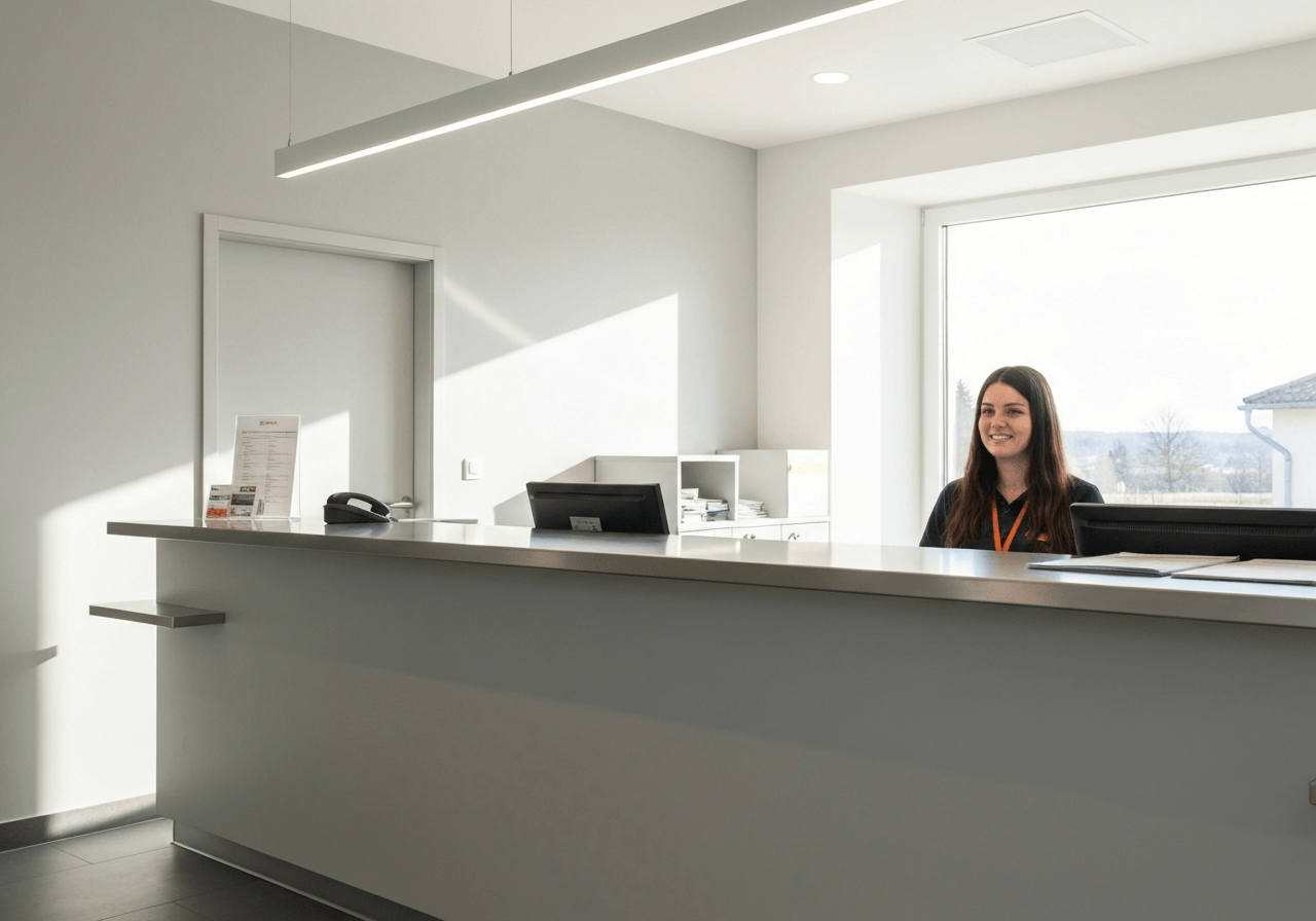 A professional view of a modern post office counter in a small Slovak village, minimalist interior design, soft natural light, 85mm lens, high quality editorial photography, no text, no words, no letters
