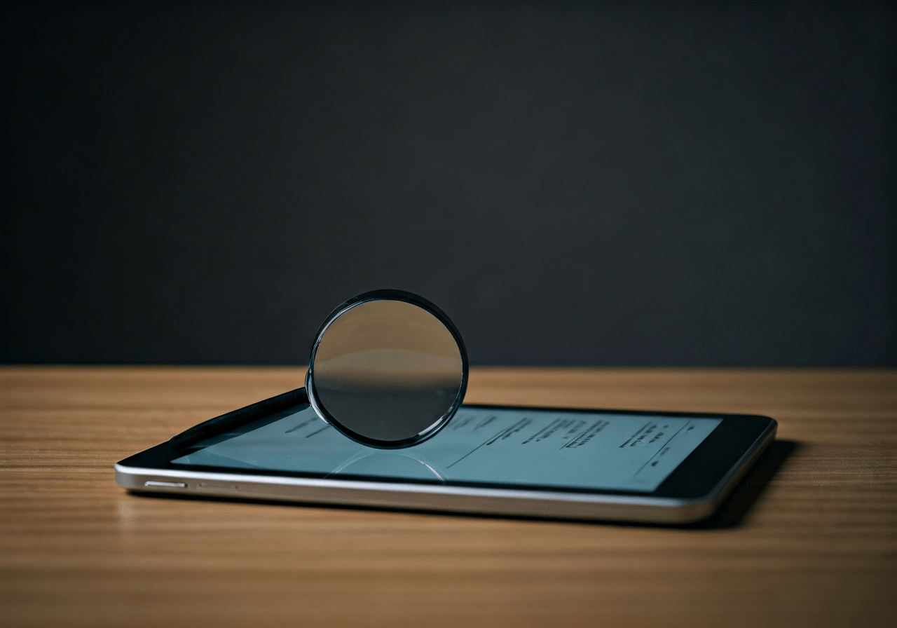 A professional logistics office desk with a magnifying glass over a digital tablet displaying registration documents, clean minimalist aesthetic, soft natural light, editorial photography, 85mm lens, no text, no words, no letters.