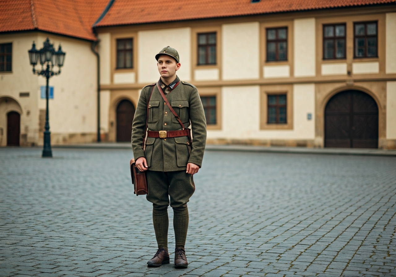 A young Czechoslovak scout in 1918 uniform standing in a historic Prague square, carrying a leather messenger bag, vintage atmosphere, editorial historical photography, soft natural light, 85mm lens, highly detailed, no text, no letters