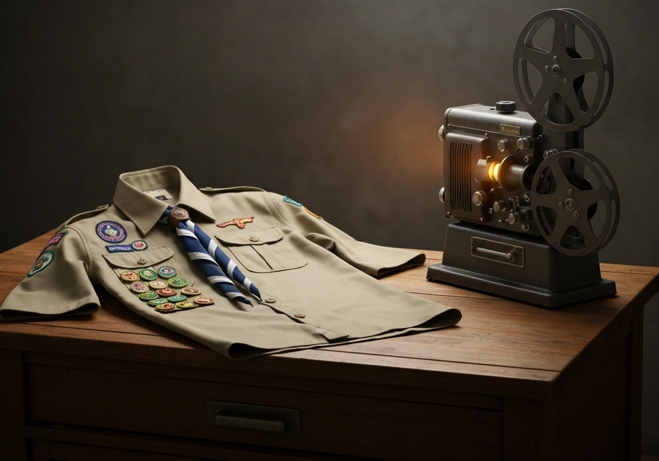 A vintage scout uniform lying on a wooden desk next to a film projector, cinematic atmosphere, historical research, soft natural light, 85mm lens, highly detailed, no text, no letters