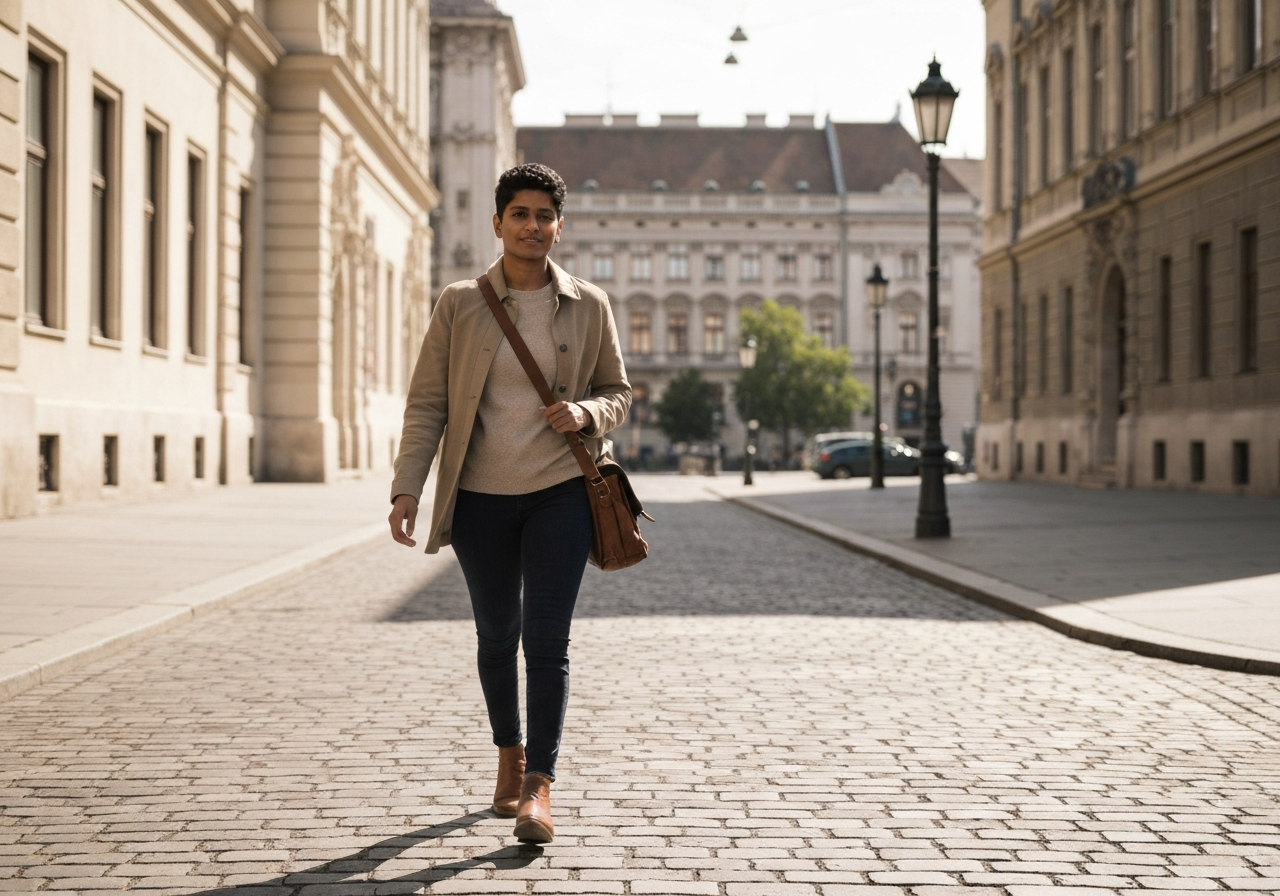 A stylish traveler walking through the streets of Budapest without luggage, sunny day, blurred historic architecture in the background, Editorial photography, 85mm lens, soft natural lighting, high resolution, minimalist aesthetic, no text, no letters.