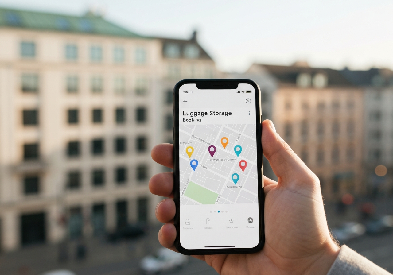 A close-up of a smartphone screen showing a luggage storage booking app interface with map pins, held in a hand against a blurred modern European city background, editorial photography, soft natural light, 85mm lens, minimalist aesthetic, no text, no words, no letters