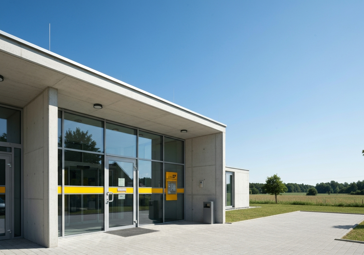 Editorial photography, the exterior facade of a modern Czech post office building in a rural setting, bright daylight, clean architectural lines, welcoming entrance, 85mm lens, high quality, no text, no words
