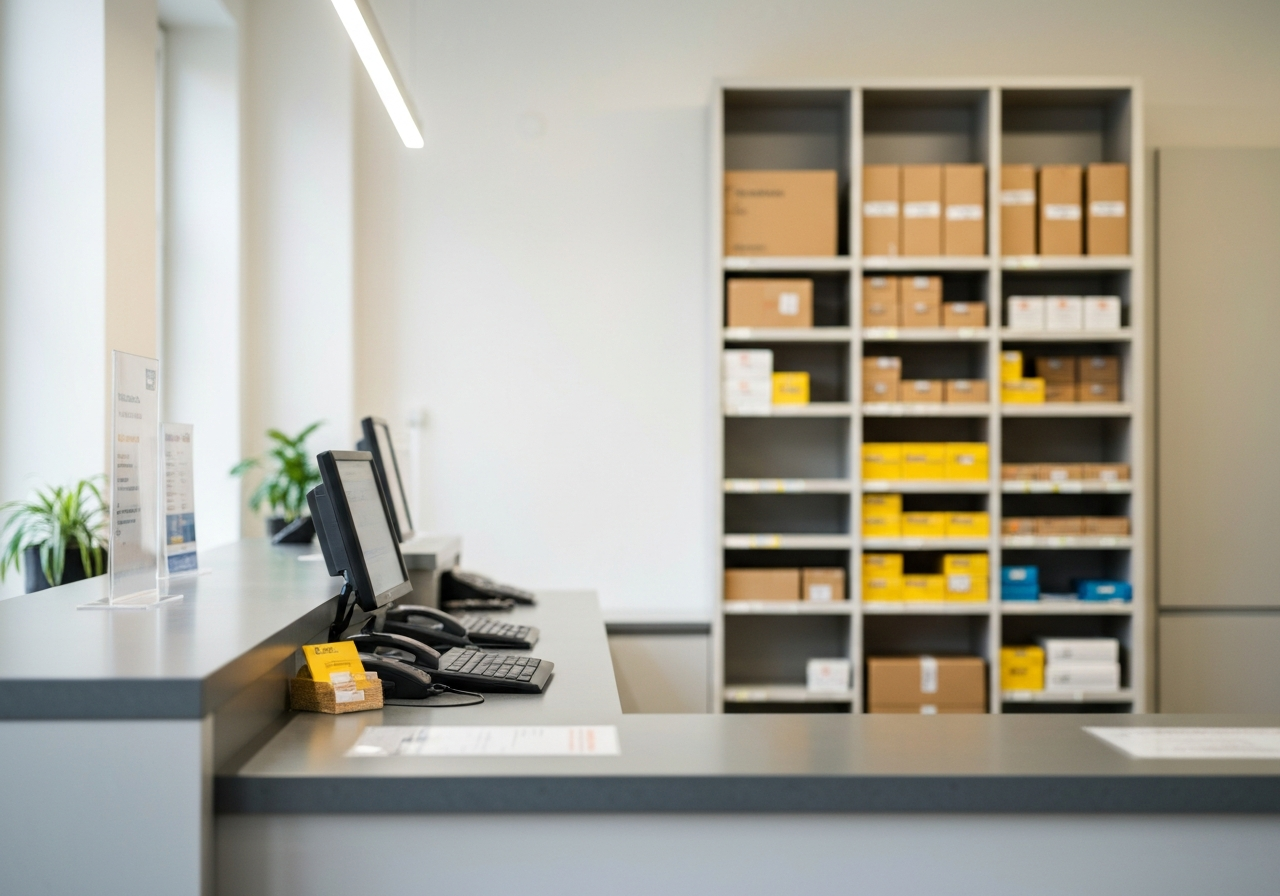 A professional postal service counter in a bright, modern Czech post office branch, clean aesthetic, organized parcel shelf in the background, soft natural light, premium editorial photography, 85mm lens, no text, no words, no letters