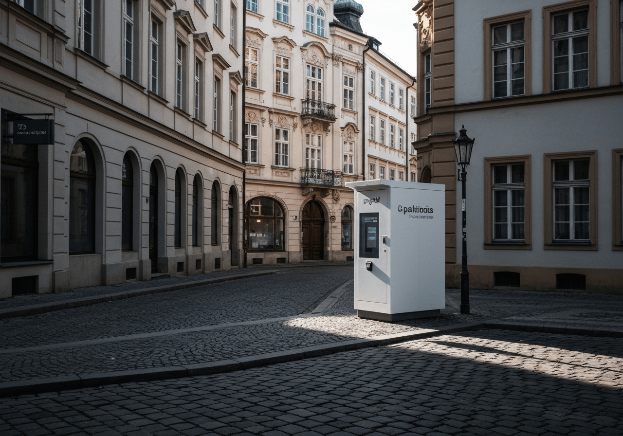 A modern, sleek logistics point in a historic European city, featuring a clean branded parcel kiosk, soft natural light, editorial photography style, high contrast, 85mm lens, no text, no words, no letters.
