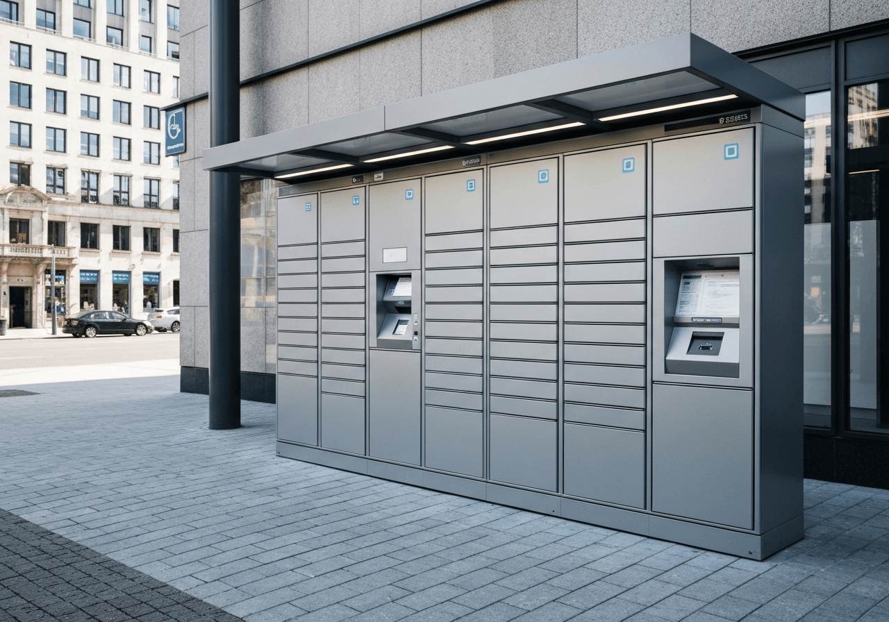 A modern, minimalist pickup point in a city center environment, sleek parcel lockers, bright natural daylight, clean urban aesthetics, editorial style, 85mm lens, high quality, no text, no words, no letters.