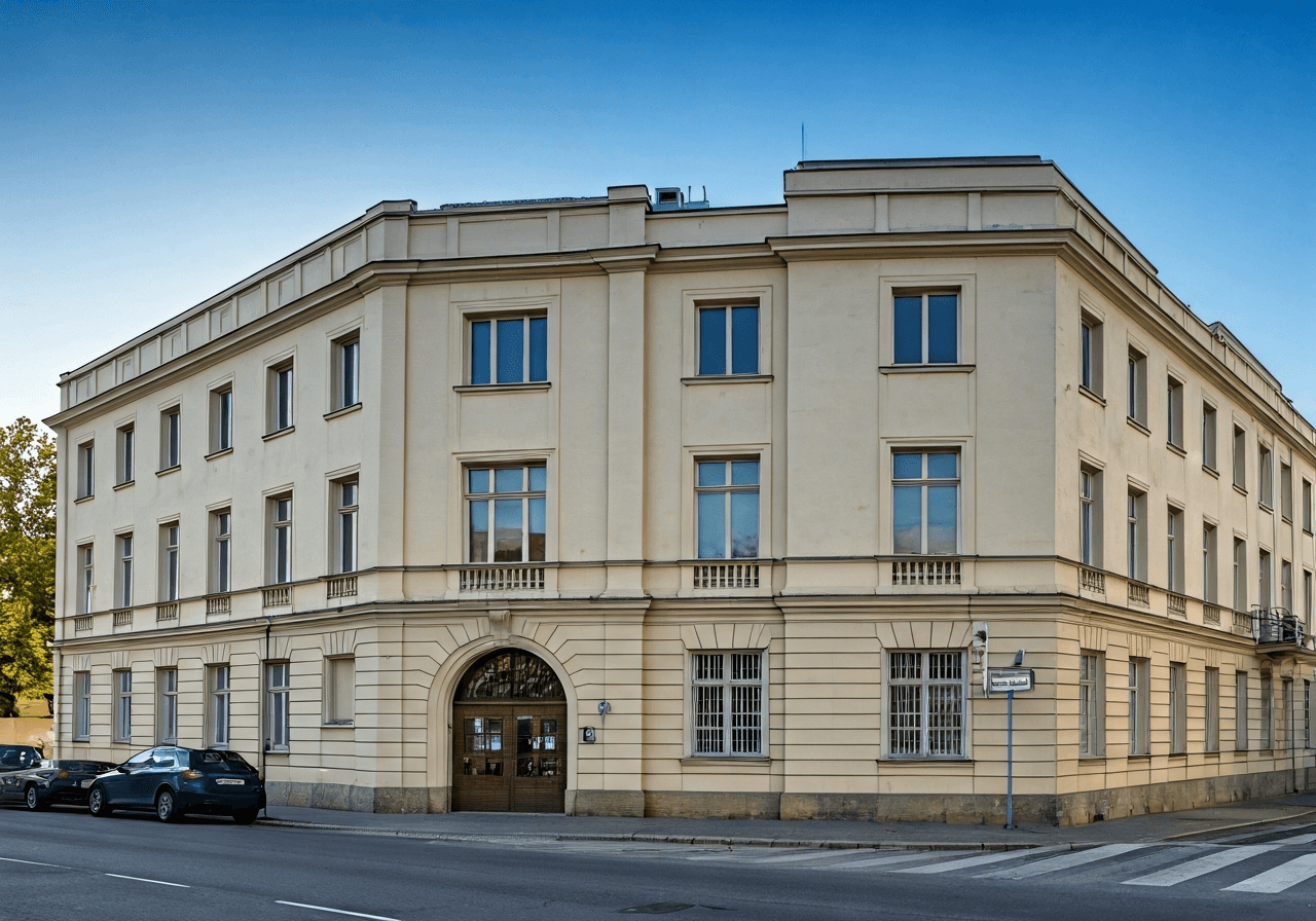 Exterior view of a historic post office building in Slavkov u Brna, Czech Republic, clean architecture, daylight, editorial photography, 85mm lens, high quality, no text, no letters