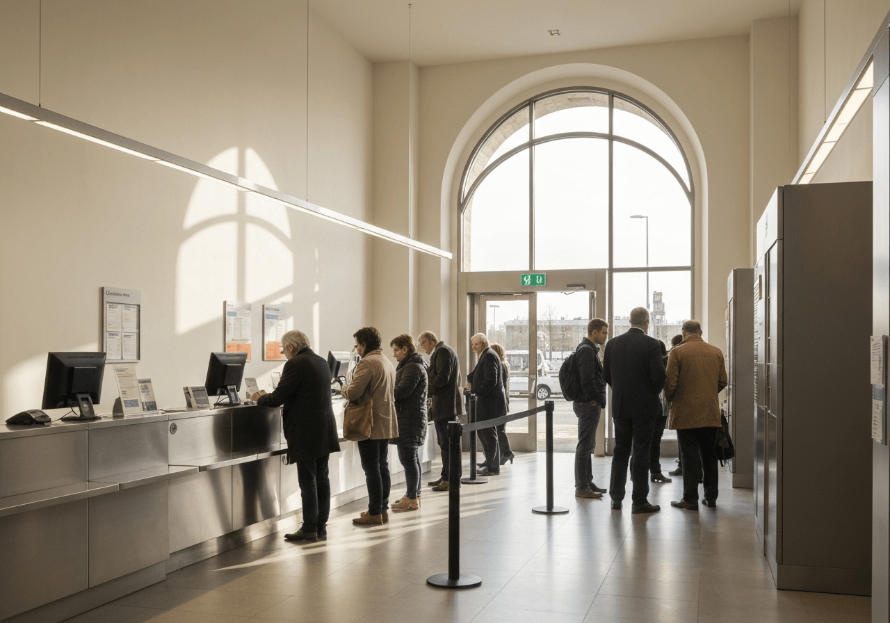 A clean, modern interior of a central post office, sunlight streaming through a window, organized queue area, editorial style photography, soft natural light, 85mm lens, high quality, no text, no words, no letters