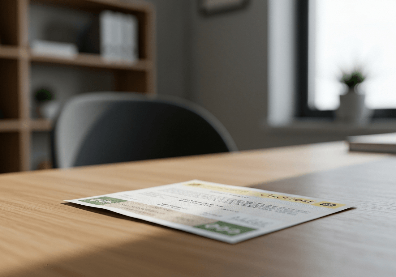 A professional close-up shot of a Czech Post payment document resting on a clean wooden desk, blurred background of a modern home office, soft natural light, 85mm lens, highly detailed, no text, no letters