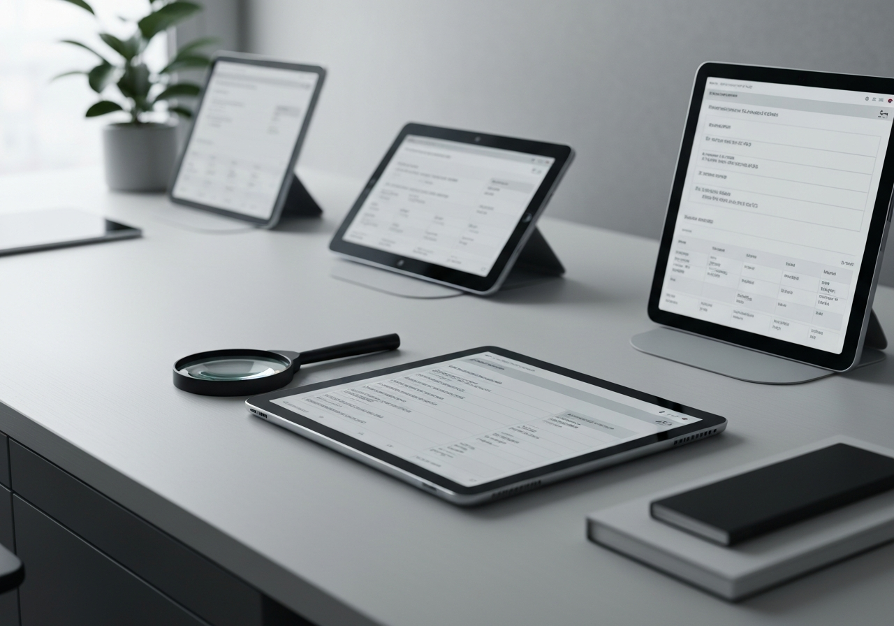 A professional customs clearance office desk with digital tablets, shipping labels, and a modern magnifying glass, clean and minimalist aesthetic, editorial photography, soft natural light, 85mm lens, high resolution, no text, no letters