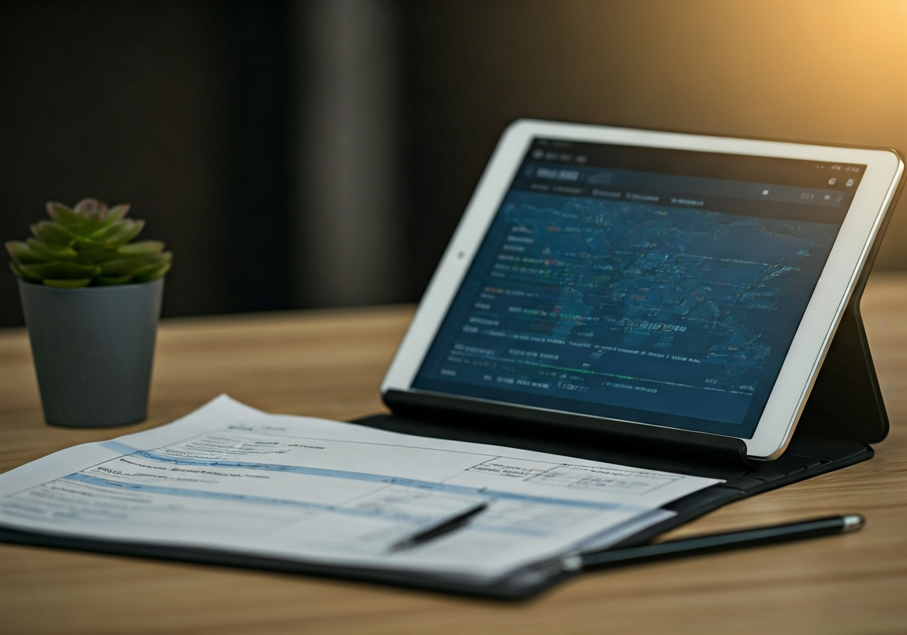 A professional close-up of a freight shipping document lying next to a digital tablet displaying a global tariff database, clean office desk environment, soft natural light, 85mm lens, high-end editorial aesthetic, no text, no words, no letters.